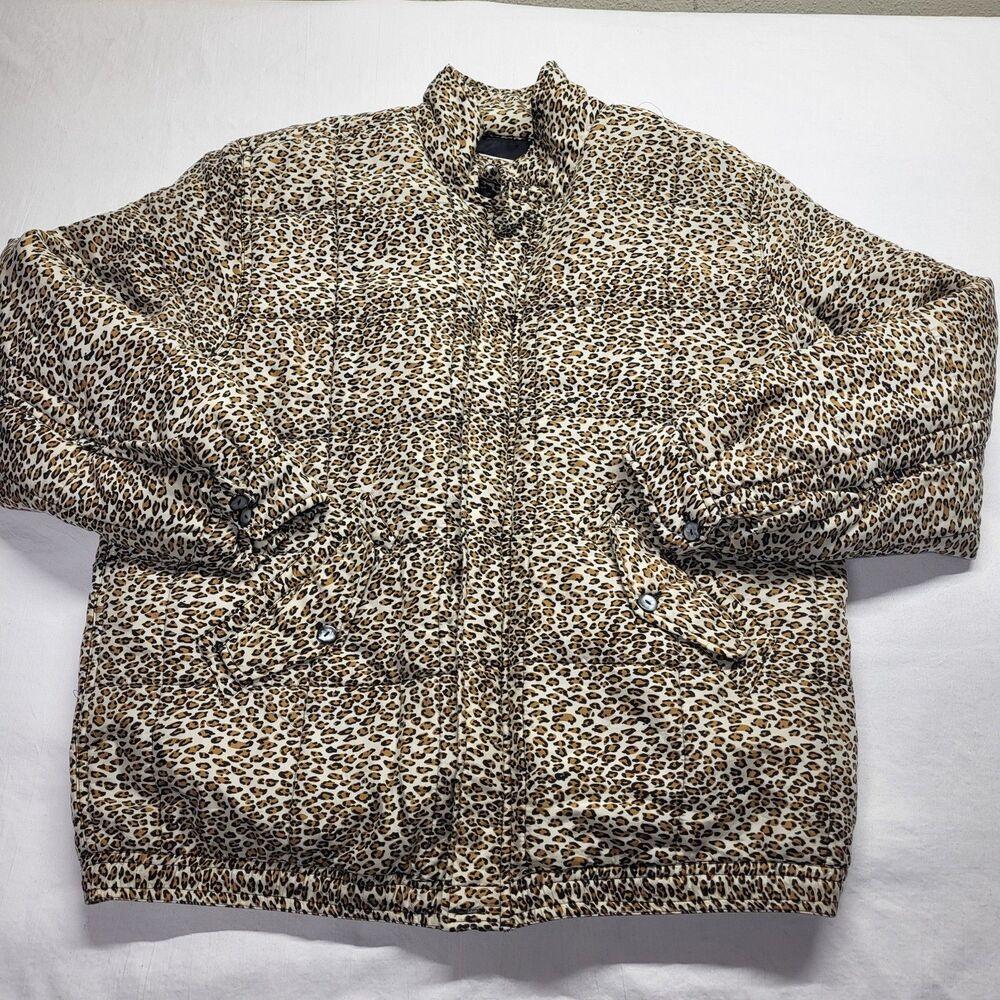 Vintage Clio Quilted Silk Puffer Jacket Zip Pockets Cheeta Print LG